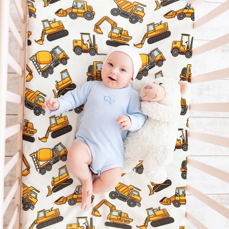 FIGEPO 4 Pack Baby Boy Pack N Play Mini Crib Sheets Soft Fitted Baby Boy Mattress Covers Construction Truck Theme Breathable Toddler Sheets for Infant (Construction Truck, Pack N Play Mini Crib Sheets) - Image 4